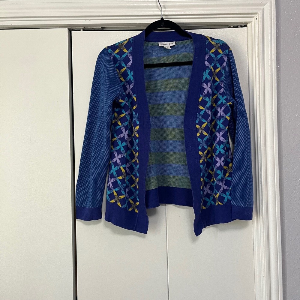 Coldwater Creek Blue Geometric Print Open‎ Front Cardigan Sweater Women Size S